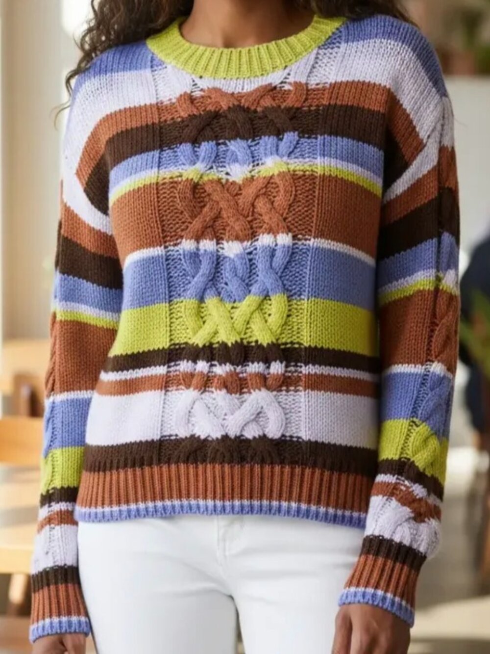 NWT St. John's Bay Women's Striped Cable-Knit Crew Neck Pullover Sweater Size S